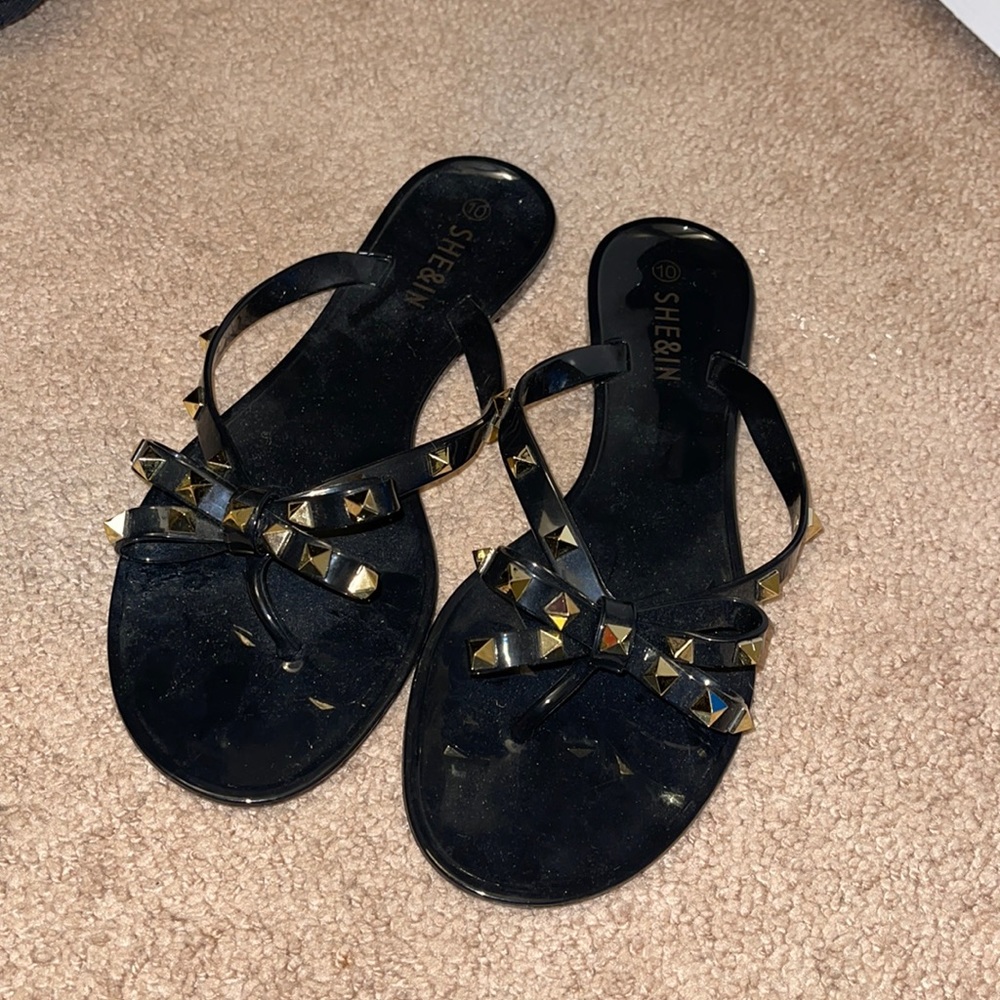 black and gold stud sandals